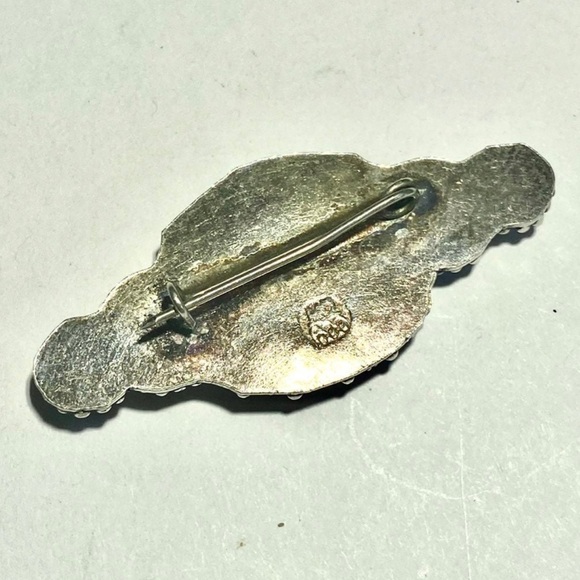 Antique Estate handmade sterling silver genuine Malachite Gemstone Brooch Pin - Picture 3 of 6